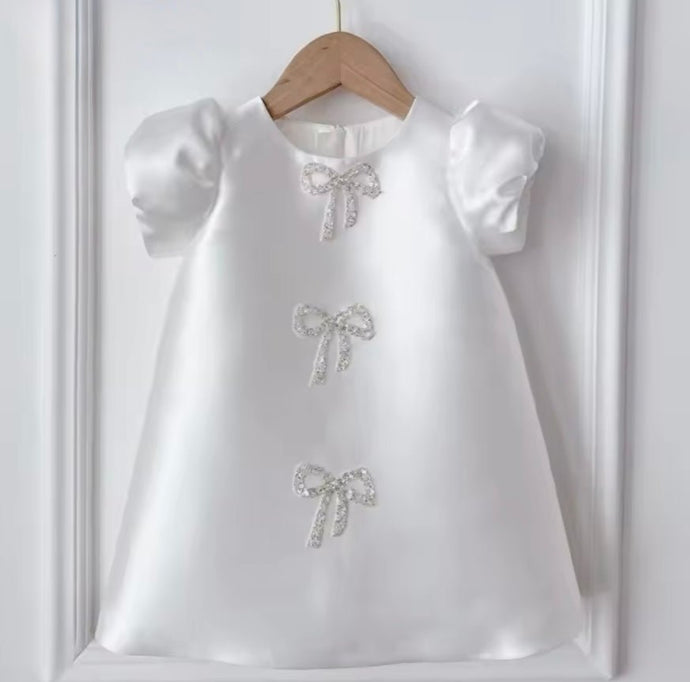 Kids girls Sparkle Bow Luxe Satin Dress - White (pre order) - Fox Baby & Co