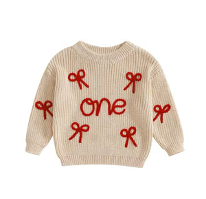 First Birthday ONE Bow Knitted Sweater - Oat (pre order) - Fox Baby & Co