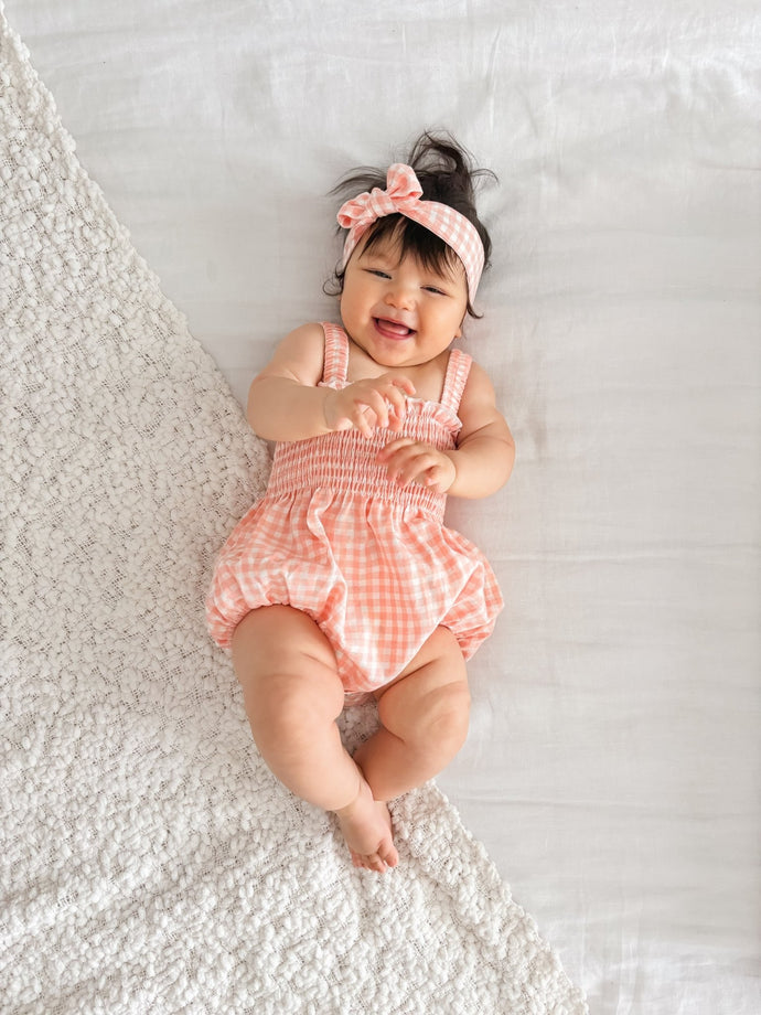 Peach Gingham Romper & Bow Headband (pre order) - Fox Baby & Co