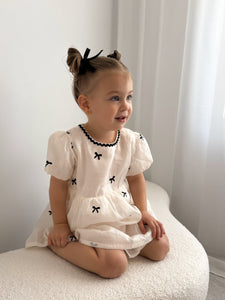 Kids girls French Luxe Bow Puff Dress - Black/ivory (pre order)