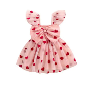 Girl Valentine Bow Big Heart Tulle Dress - Pink (pre order) - Fox Baby & Co