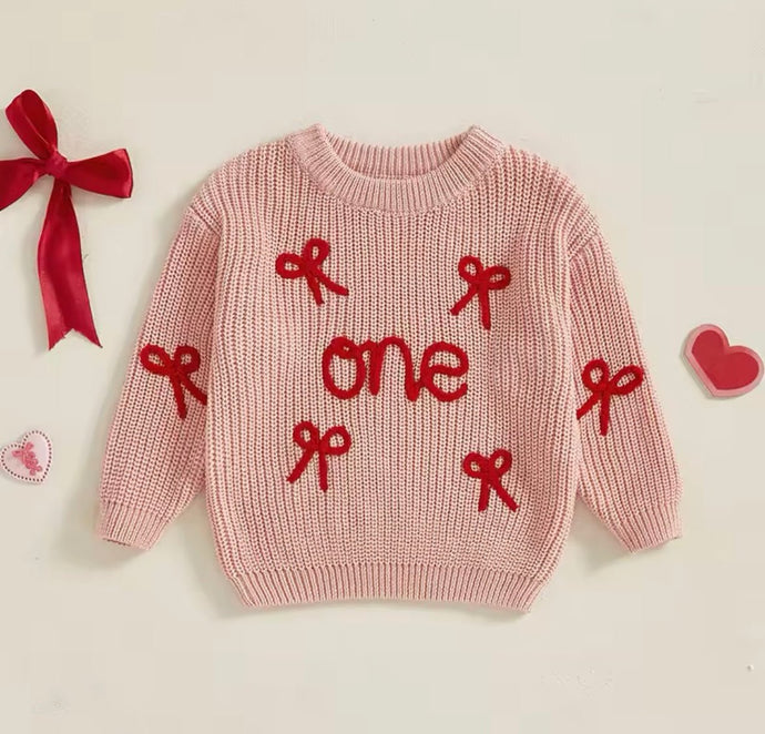 First Birthday ONE Bow Knitted Sweater - Blush Pink (pre order) - Fox Baby & Co