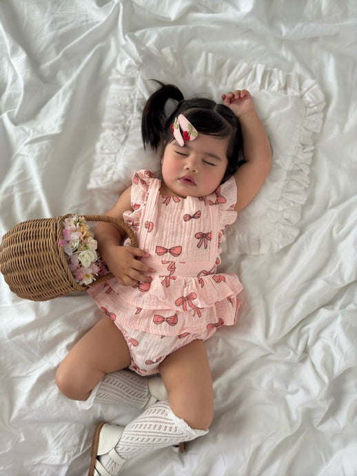 My Valentine Pink Bow Frill Romper & Bow (pre order) - Fox Baby & Co