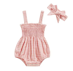 Peach Gingham Romper & Bow Headband (pre order) - Fox Baby & Co