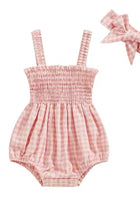 Load image into Gallery viewer, Peach Gingham Romper &amp; Bow Headband (pre order) - Fox Baby &amp; Co
