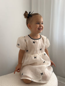 Kids girls French Luxe Bow Puff Dress - Black/ivory (pre order)