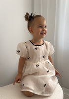 Load image into Gallery viewer, Kids girls French Luxe Bow Puff Dress - Black/ivory (pre order)
