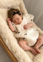 Load image into Gallery viewer, Baby Girls French Luxe Bow Puff Romper - Black/Ivory (pre order) - Fox Baby &amp; Co
