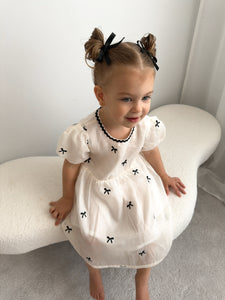 Kids girls French Luxe Bow Puff Dress - Black/ivory (pre order)