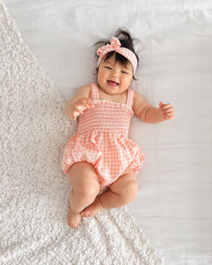 Peach Gingham Romper & Bow Headband (pre order) - Fox Baby & Co