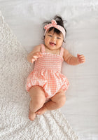 Load image into Gallery viewer, Peach Gingham Romper &amp; Bow Headband (pre order) - Fox Baby &amp; Co
