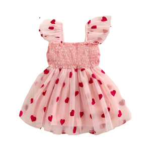 Girl Valentine Bow Big Heart Tulle Dress - Pink (pre order) - Fox Baby & Co