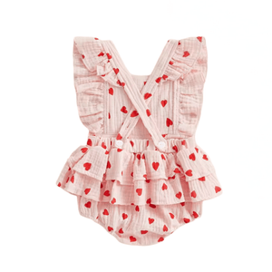 My Valentine Pink Hearts Frill Romper & Bow (pre order) - Fox Baby & Co