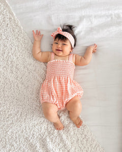 Peach Gingham Romper & Bow Headband (pre order) - Fox Baby & Co