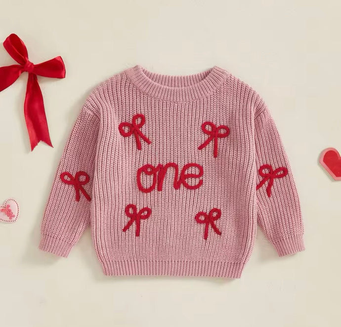 First Birthday ONE Bow Knitted Sweater - Dusty Rose (pre order) - Fox Baby & Co