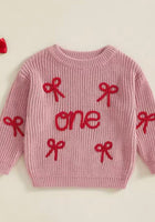 Load image into Gallery viewer, First Birthday ONE Bow Knitted Sweater - Dusty Rose (pre order) - Fox Baby &amp; Co
