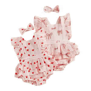 My Valentine Pink Hearts Frill Romper & Bow (pre order) - Fox Baby & Co