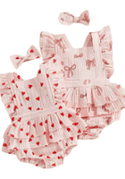 Load image into Gallery viewer, My Valentine Pink Hearts Frill Romper &amp; Bow (pre order) - Fox Baby &amp; Co
