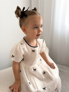 Kids girls French Luxe Bow Puff Dress - Black/ivory (pre order)