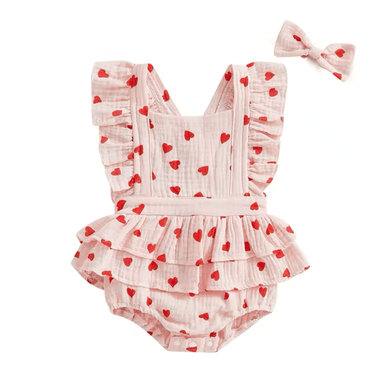 My Valentine Pink Hearts Frill Romper & Bow (pre order) - Fox Baby & Co