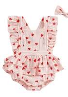 Load image into Gallery viewer, My Valentine Pink Hearts Frill Romper &amp; Bow (pre order) - Fox Baby &amp; Co
