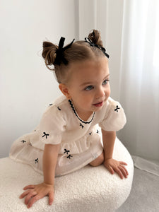 Kids girls French Luxe Bow Puff Dress - Black/ivory (pre order)