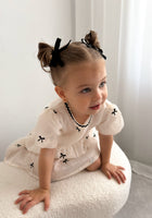 Load image into Gallery viewer, Kids girls French Luxe Bow Puff Dress - Black/ivory (pre order)
