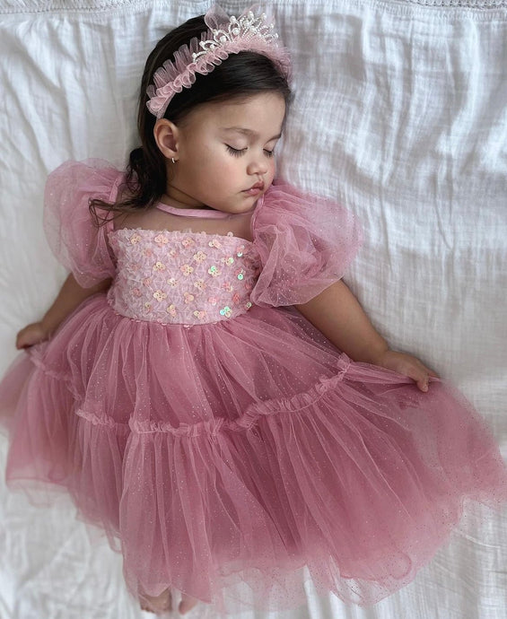 Kid little girl Dusty Rose Pink Fairytale Birthday Tulle Dress - Fox Baby & Co