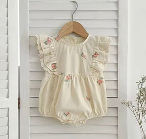 Baby Girls Peach Floral Vintage Romper (pre order) - Fox Baby & Co