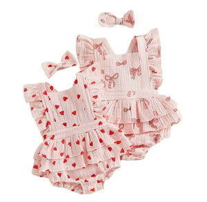 My Valentine Pink Bow Frill Romper & Bow (pre order) - Fox Baby & Co