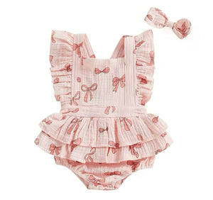 My Valentine Pink Bow Frill Romper & Bow (pre order) - Fox Baby & Co