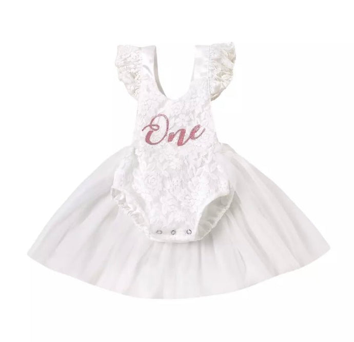 ‘ONE’ First Birthday Tulle Romper - White - Fox Baby & Co