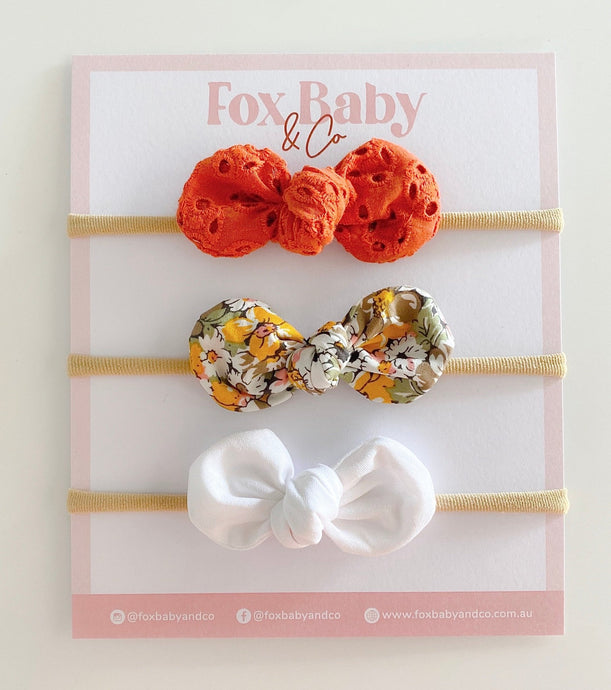 Harper Bow - Burnt Orange Broderie , Mustard Floral & White - Fox Baby & Co
