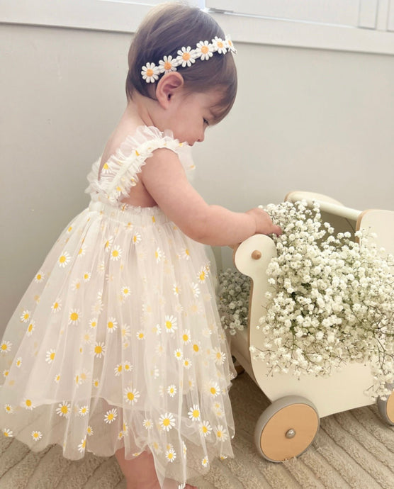 Kids little girls Arabella Daisy Tulle Dress - White/Yellow - Fox Baby & Co