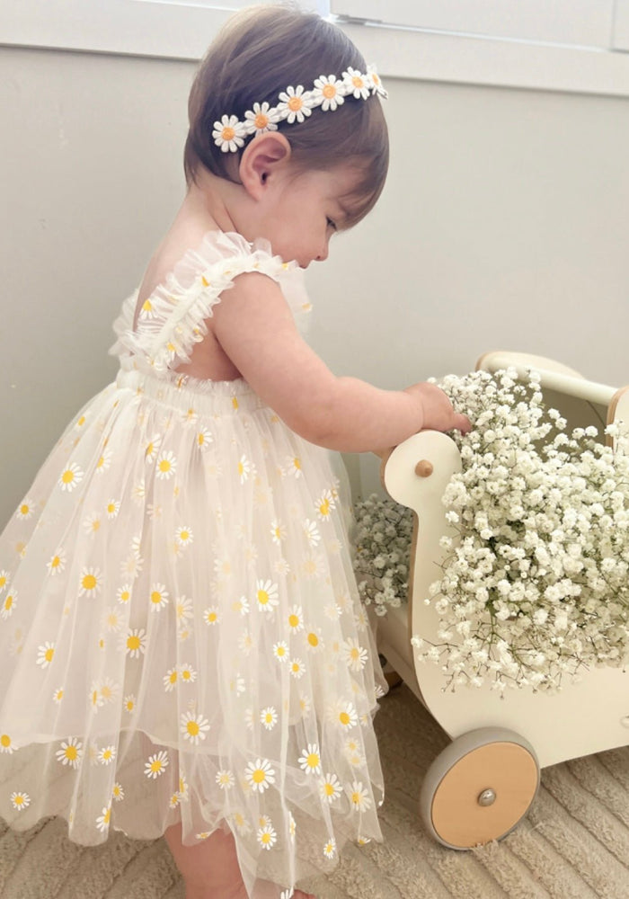 Kids little girls Arabella Daisy Tulle Dress White Yellow Fox Baby Co